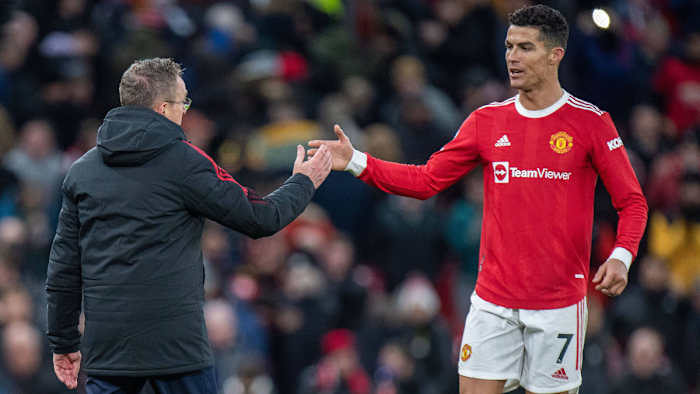 Man United's Ralf Rangnick and Cristiano Ronaldo
